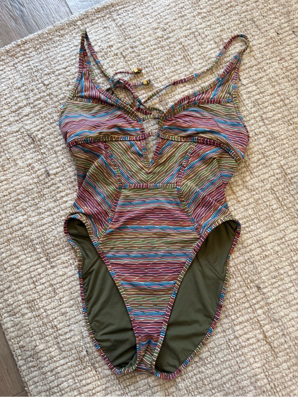 BECCA Olive Green Lined Multicolor Stripe Trim Bikini Top